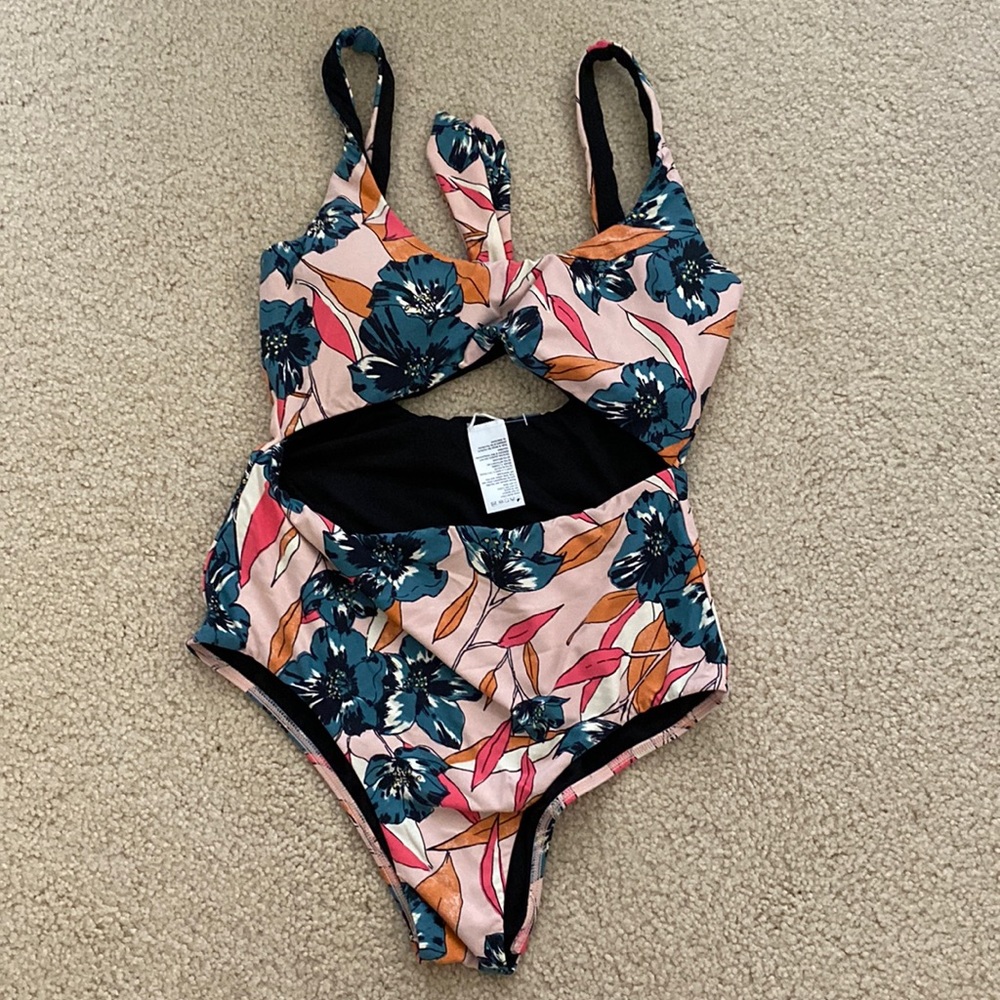 Billabong one piece with cut out middle, reversible floral print/black, medium